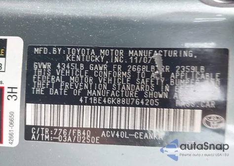 2008 Toyota Camry Le from USA, damaged, VIN 4T1BE46K88U764205